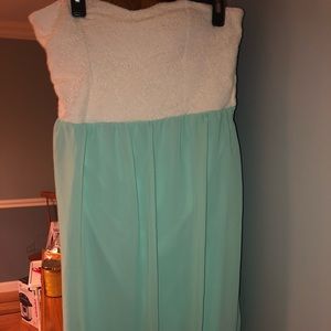 high-low white and blue strapless dress